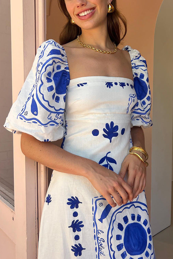Puff Sleeves Abstract Maxi Dress