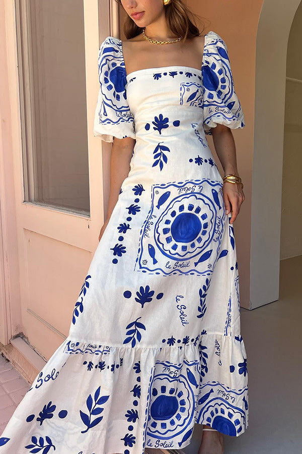 Puff Sleeves Abstract Maxi Dress