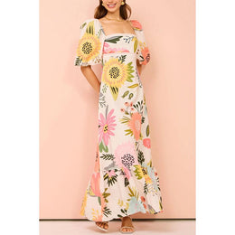 Polyester Floral Printed Puff Sleeves Maxi A-Line Dress