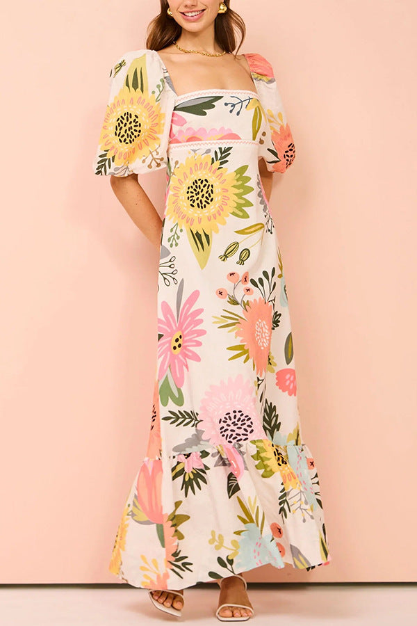 Polyester Floral Printed Puff Sleeves Maxi A-Line Dress