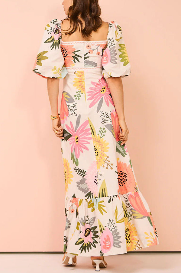 Polyester Floral Printed Puff Sleeves Maxi A-Line Dress