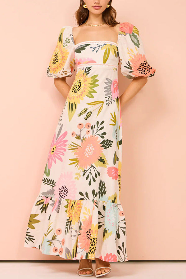 Polyester Floral Printed Puff Sleeves Maxi A-Line Dress