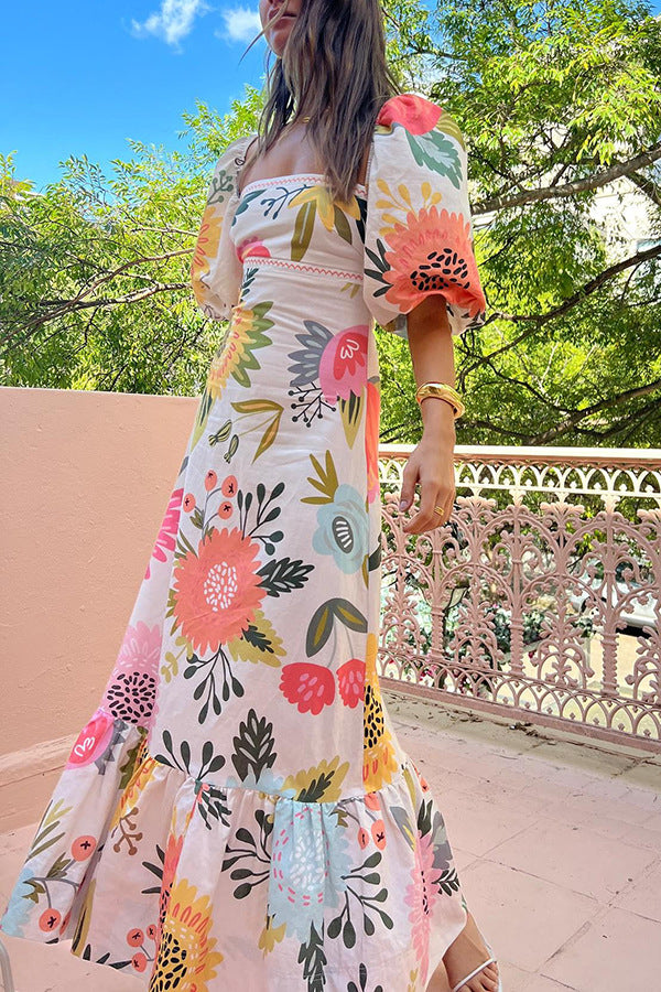 Polyester Floral Printed Puff Sleeves Maxi A-Line Dress