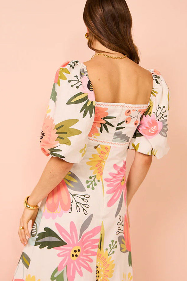 Polyester Floral Printed Puff Sleeves Maxi A-Line Dress