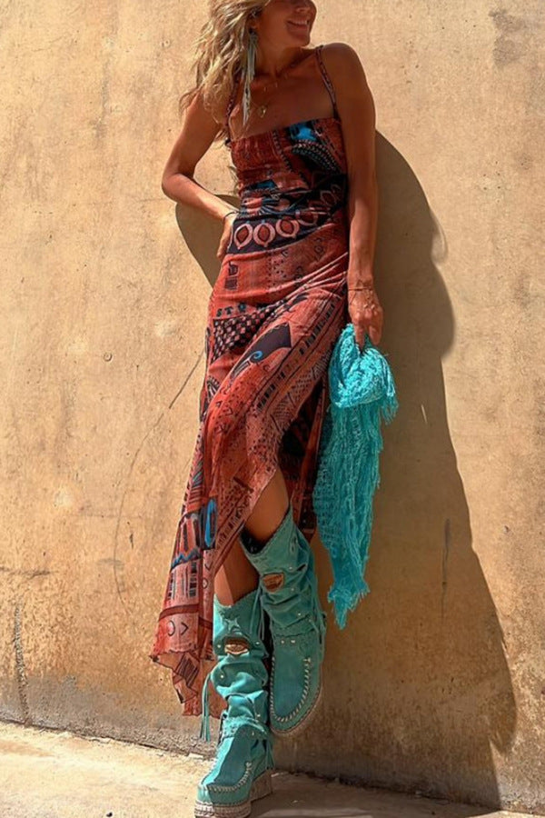 Printed Backless Georgette Maxi Dress
