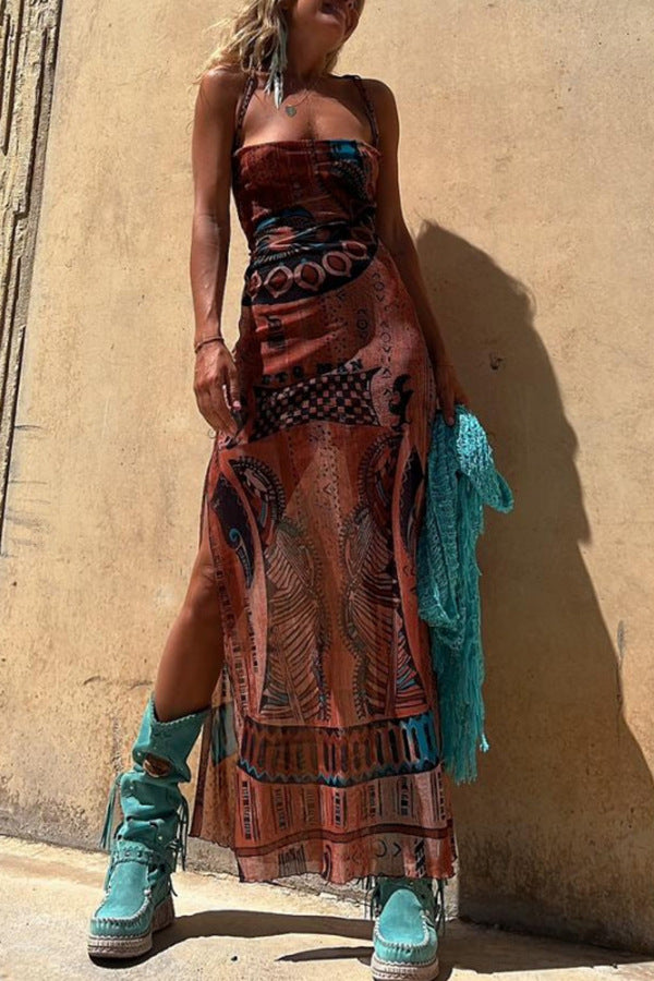 Printed Backless Georgette Maxi Dress