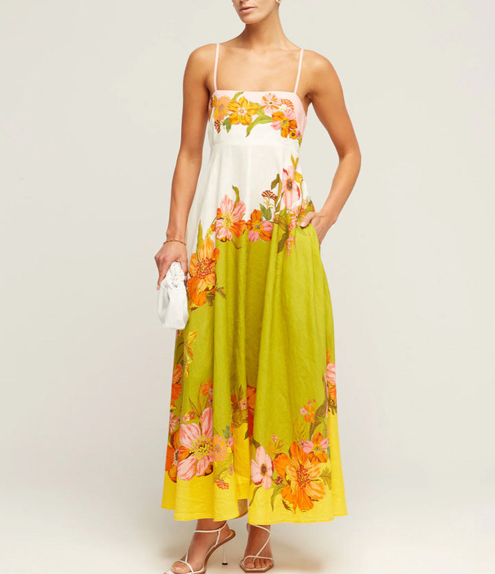 Shoulder Strap A-Line Floral Midi  Dress