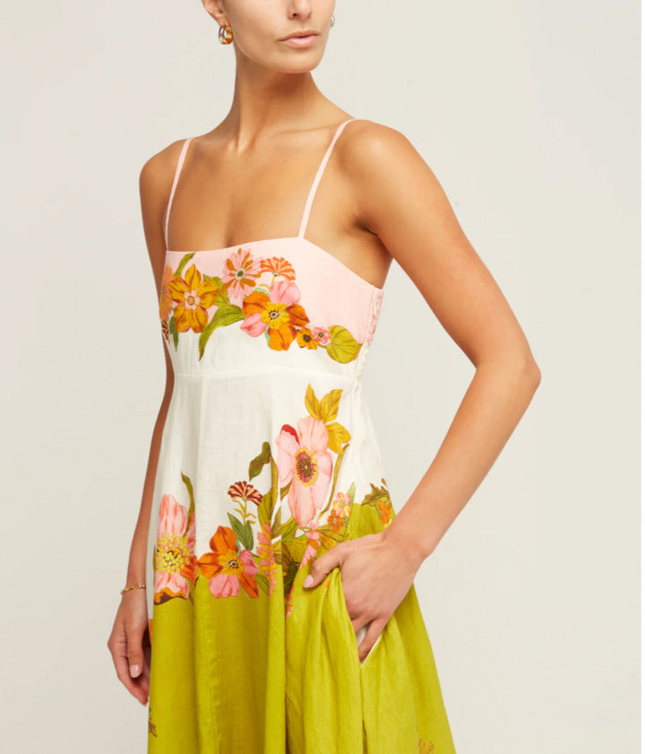Shoulder Strap A-Line Floral Midi  Dress
