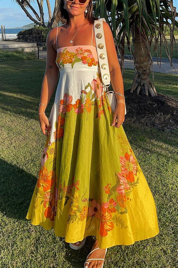 Shoulder Strap A-Line Floral Midi  Dress