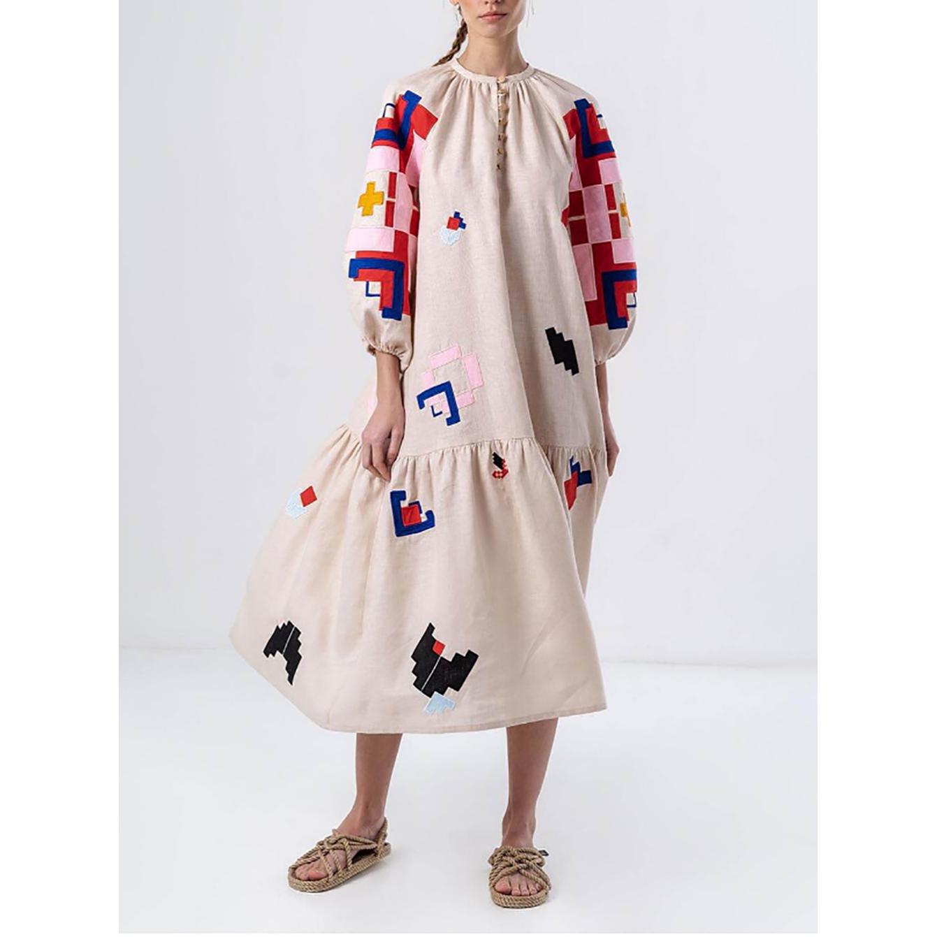Women Colourblocked Puff Sleeve Empire Midi Dress