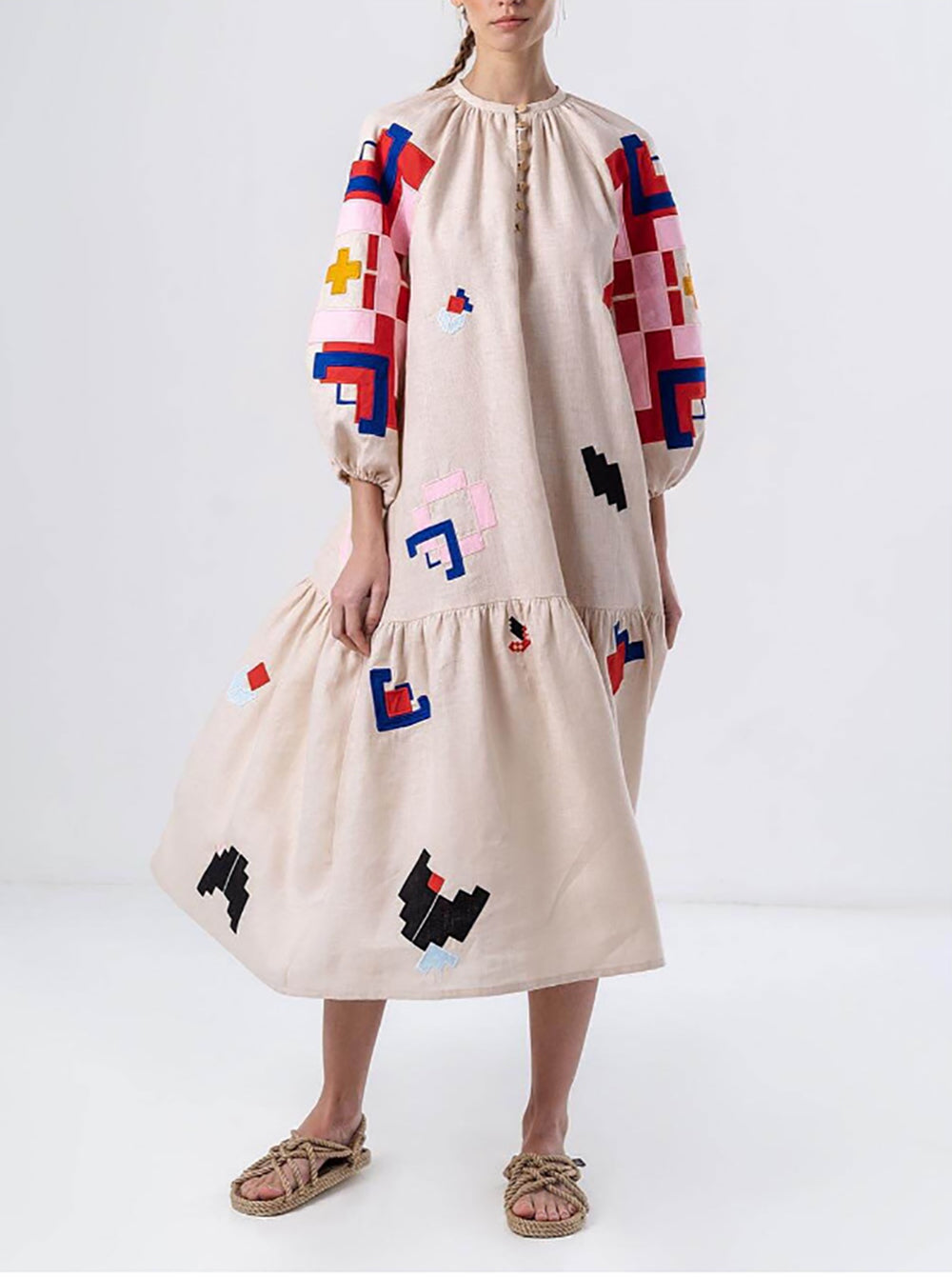 Women Colourblocked Puff Sleeve Empire Midi Dress