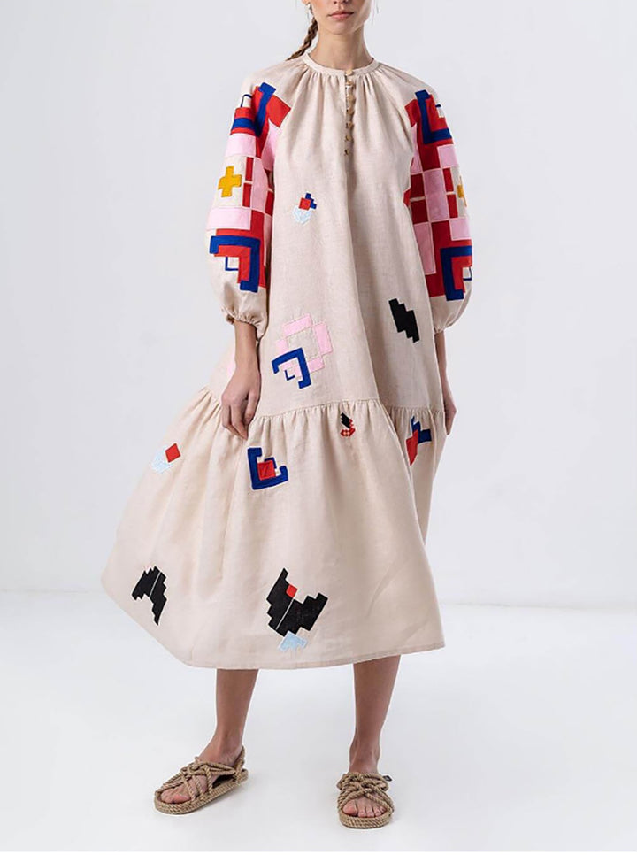 Women Colourblocked Puff Sleeve Empire Midi Dress