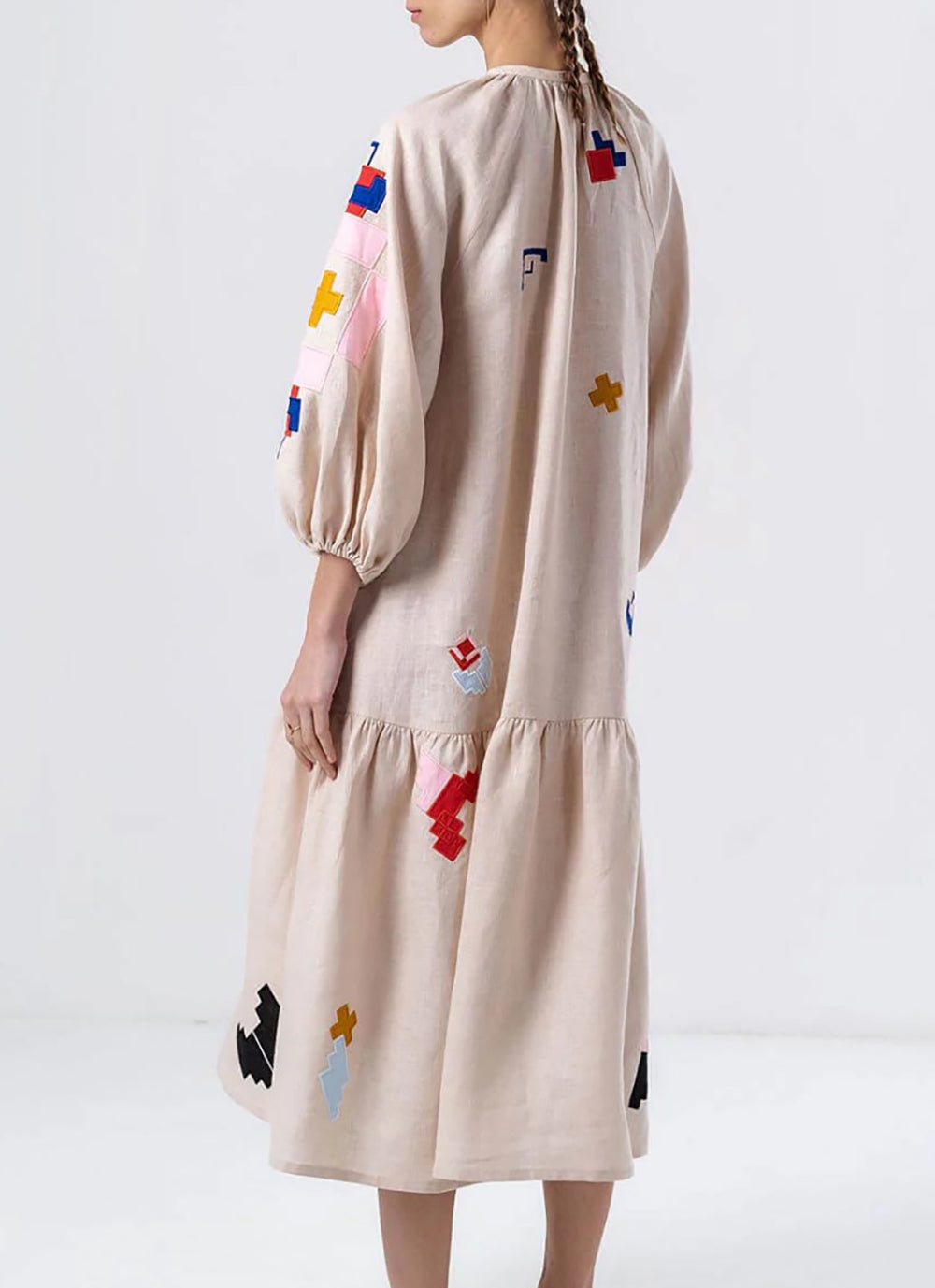 Women Colourblocked Puff Sleeve Empire Midi Dress