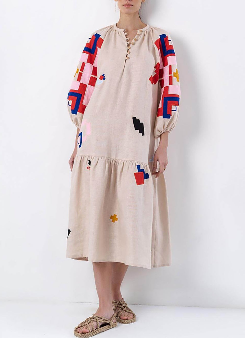 Women Colourblocked Puff Sleeve Empire Midi Dress
