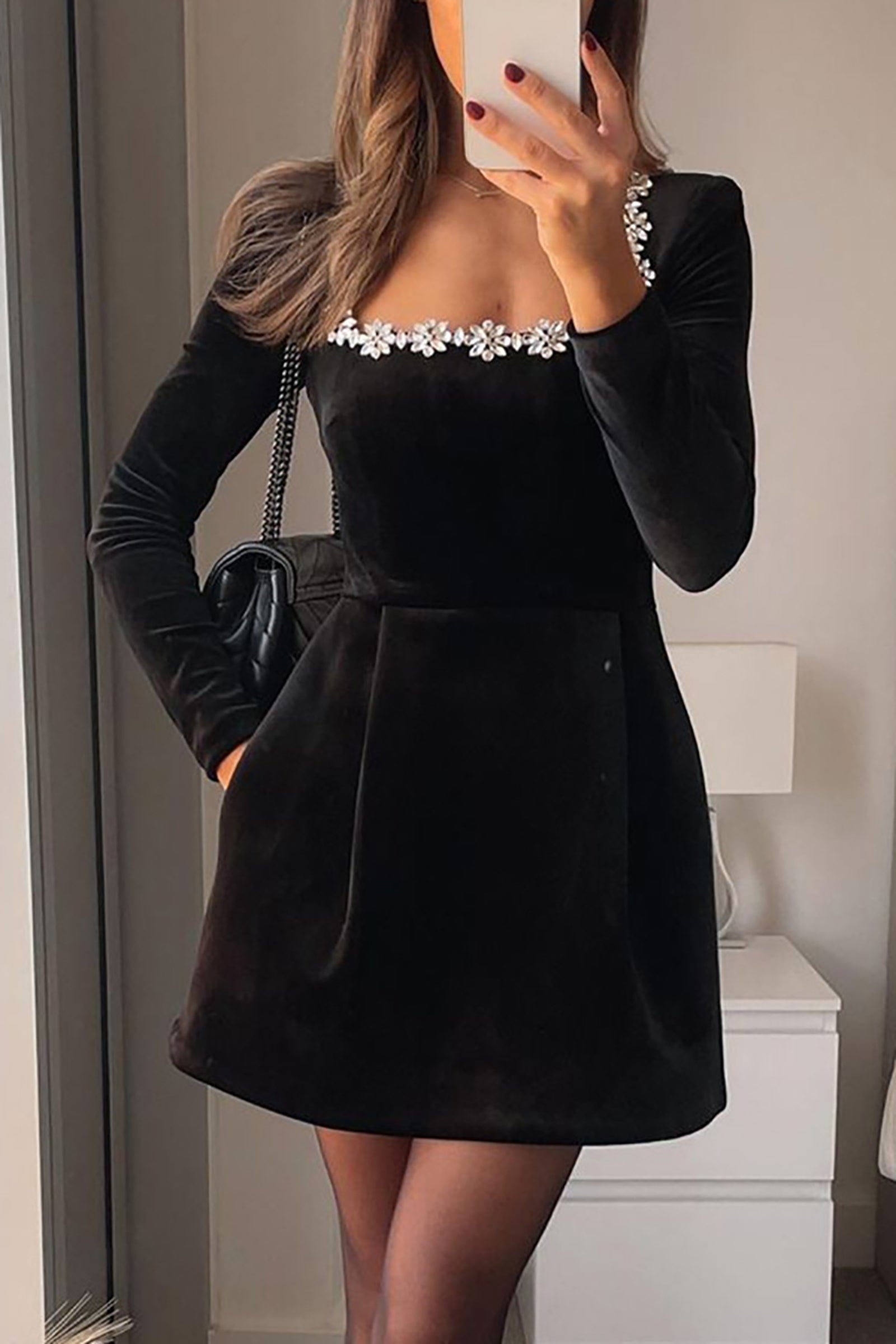 Women Square Neck Applique Sheath Mini Dress