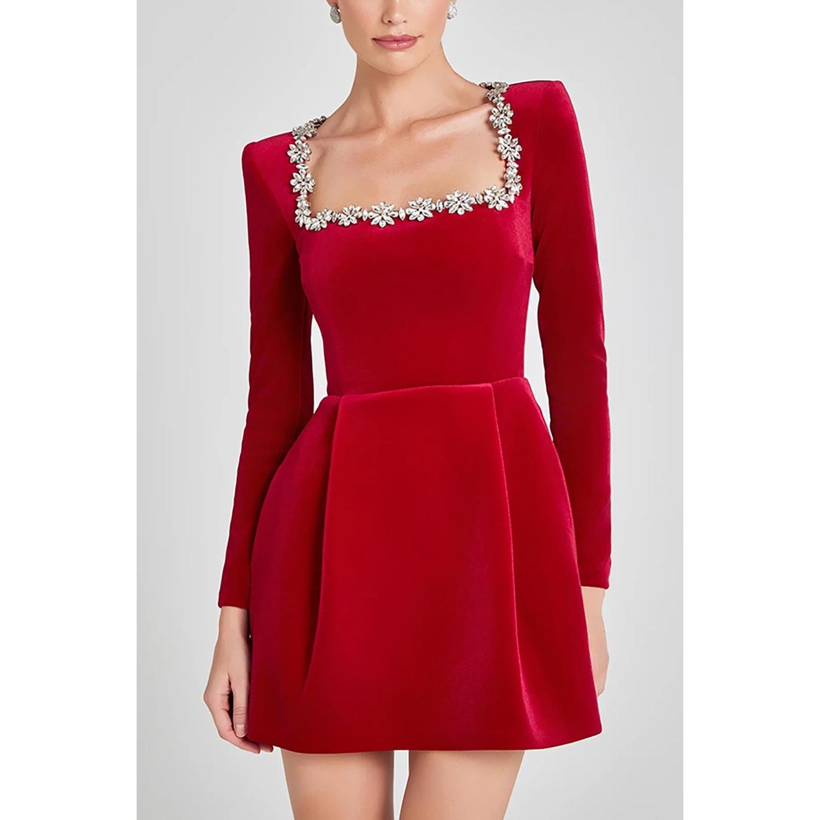 Red Embellished Fit & Flare Mini Dress with Long Sleeves