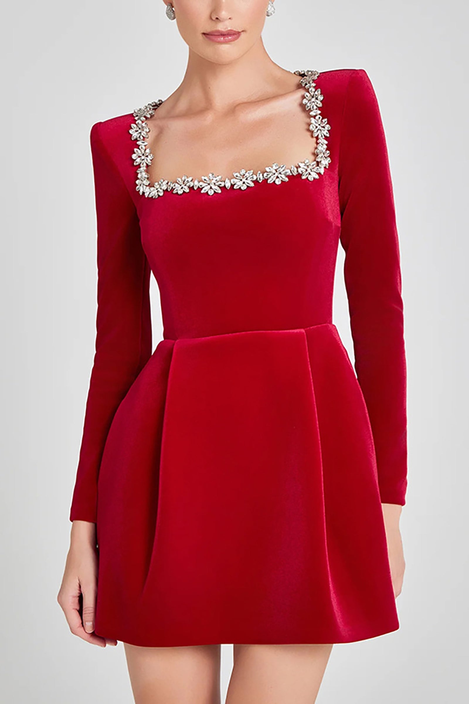 Red Embellished Fit & Flare Mini Dress with Long Sleeves
