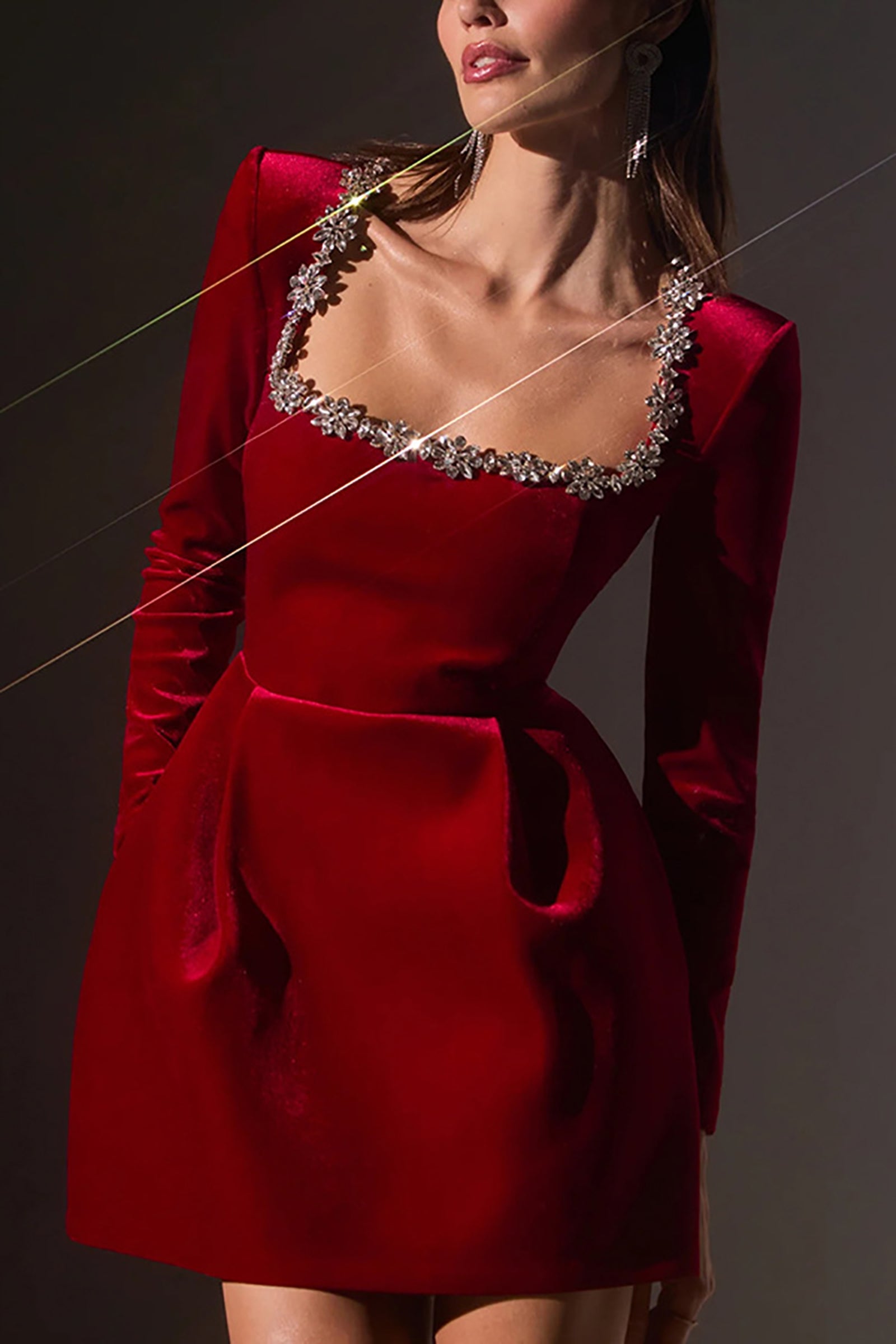 Red Embellished Fit & Flare Mini Dress with Long Sleeves