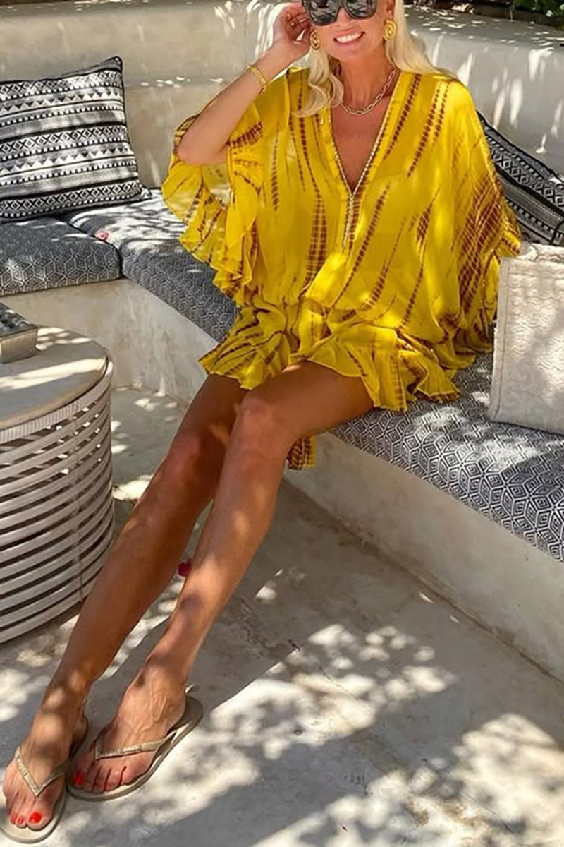 Tie and Dye Dyed Flared Sleeve Crepe Fit & Flare Mini Dress