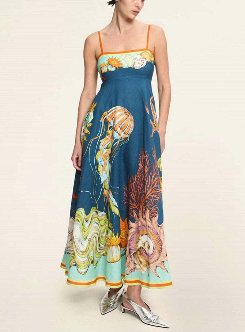 Women Graphic Print Linen A-Line Maxi Dress