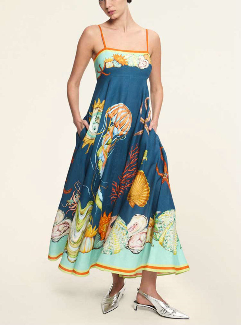 Women Graphic Print Linen A-Line Maxi Dress