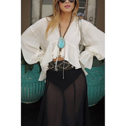 Women Ruffles Bell Sleeve Plunge Neck Regular Top