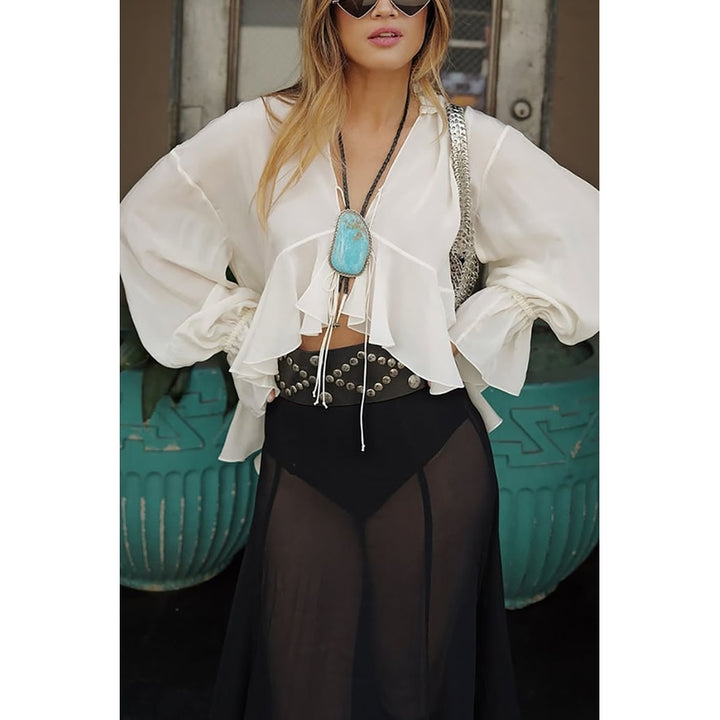Women Ruffles Bell Sleeve Plunge Neck Regular Top