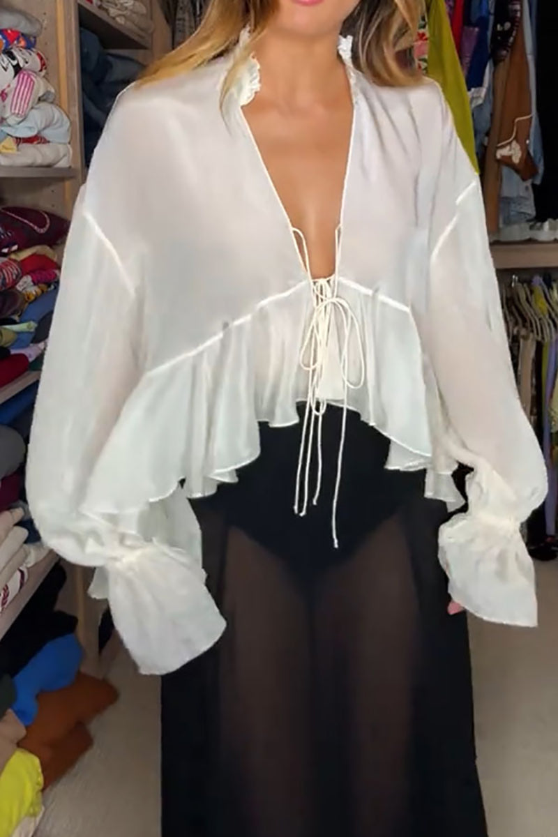 Women Ruffles Bell Sleeve Plunge Neck Regular Top