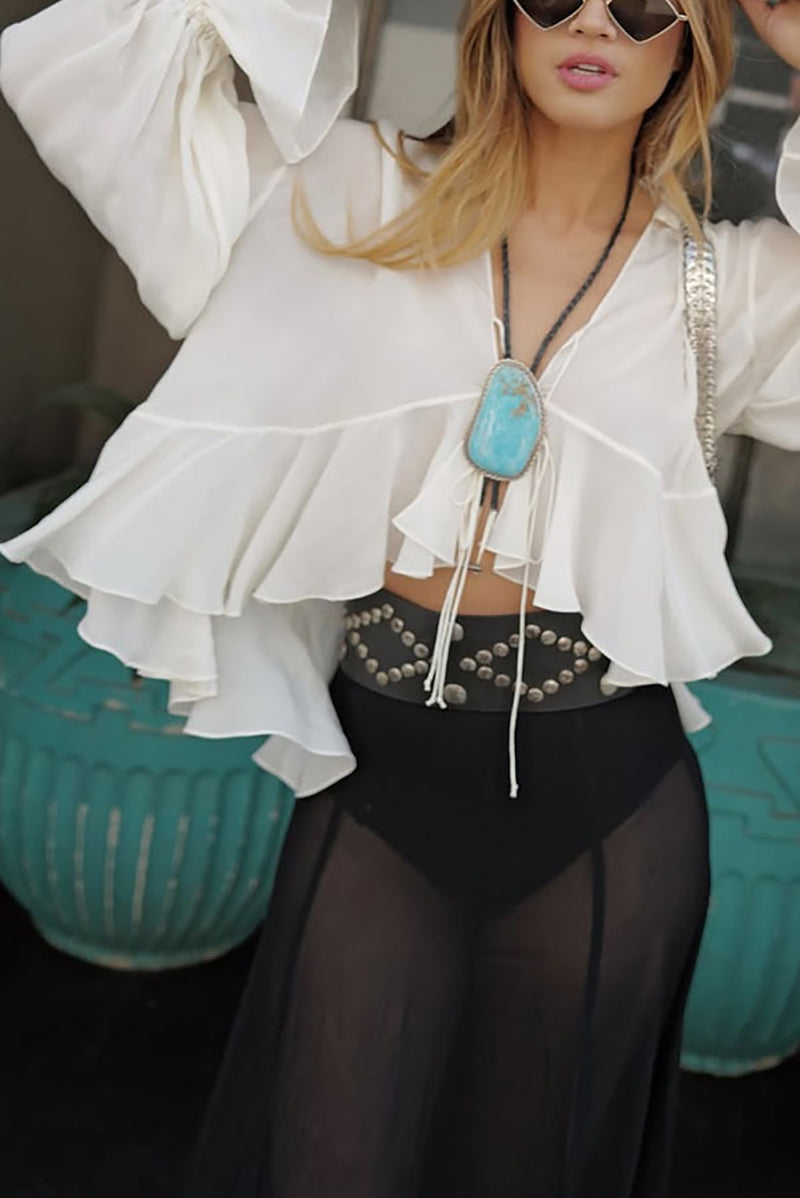 Women Ruffles Bell Sleeve Plunge Neck Regular Top