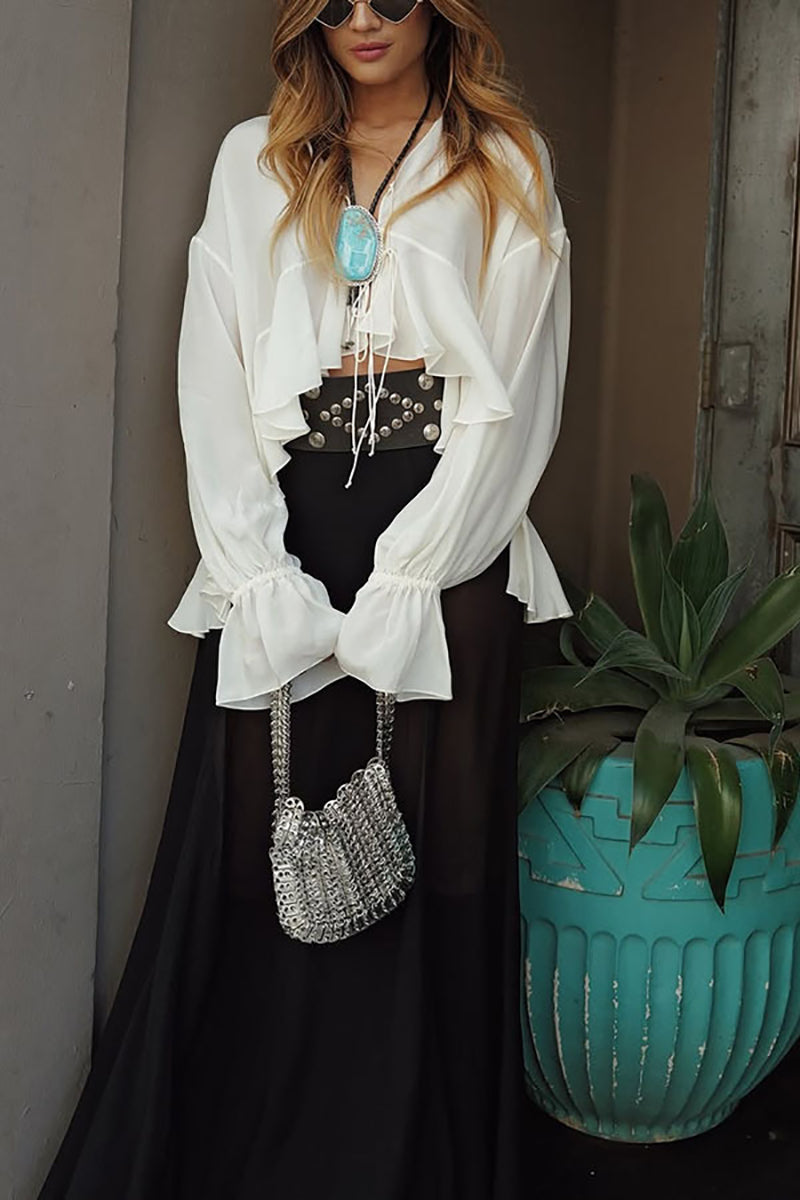Women Ruffles Bell Sleeve Plunge Neck Regular Top