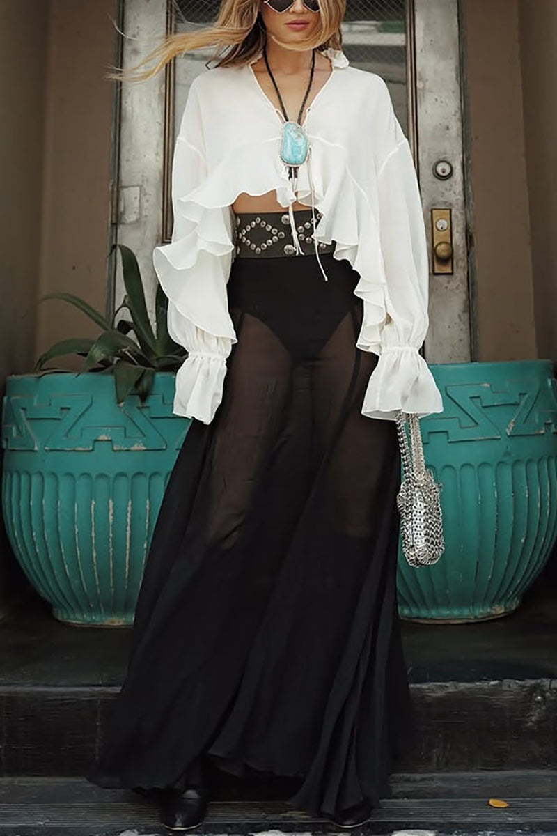 Women Ruffles Bell Sleeve Plunge Neck Regular Top