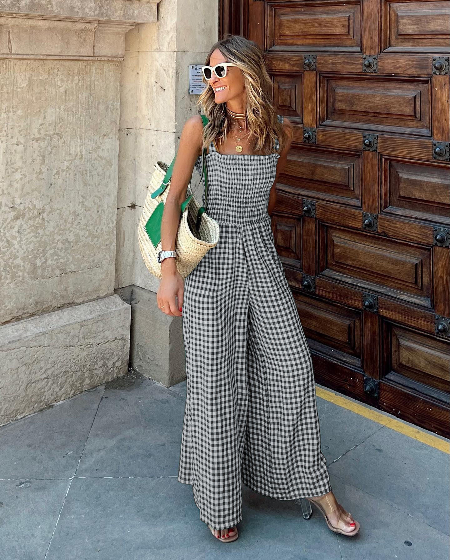 Black and White Shoulder Straps Checked Basic Jumpsuit