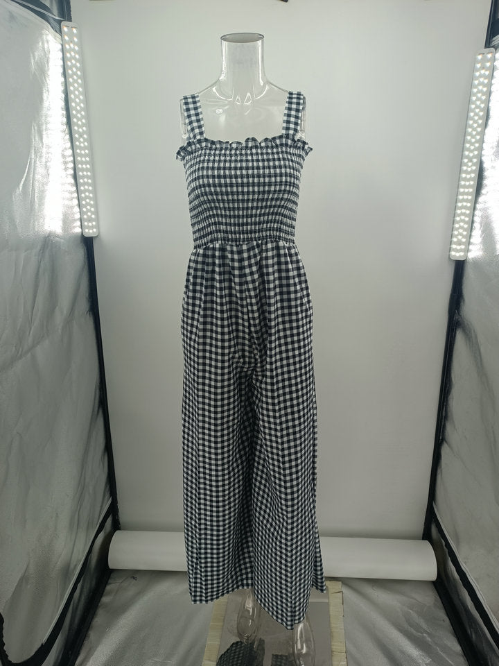 Black and White Shoulder Straps Checked Basic Jumpsuit