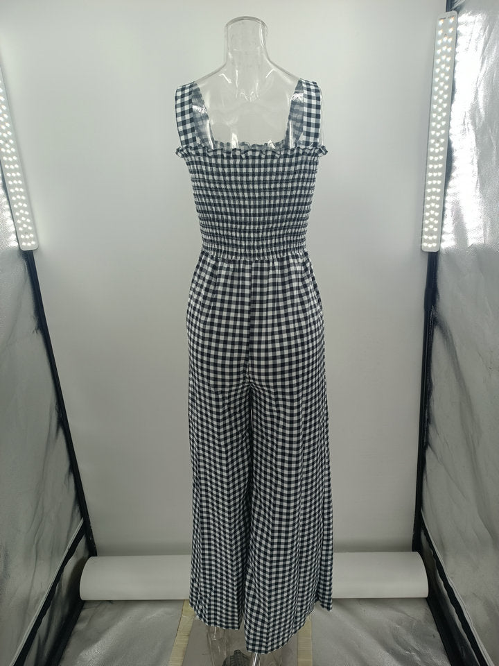 Black and White Shoulder Straps Checked Basic Jumpsuit