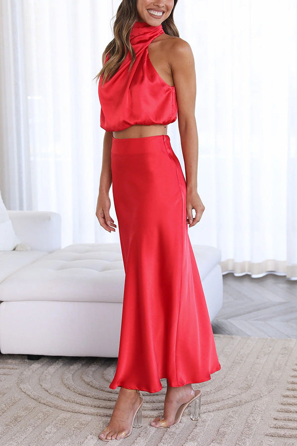 Red High Neck Crop Top With Skirt