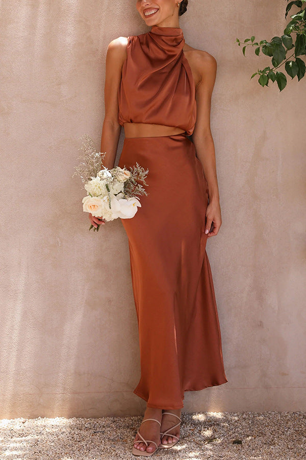 Brown High Neck Crop Top With Skirt