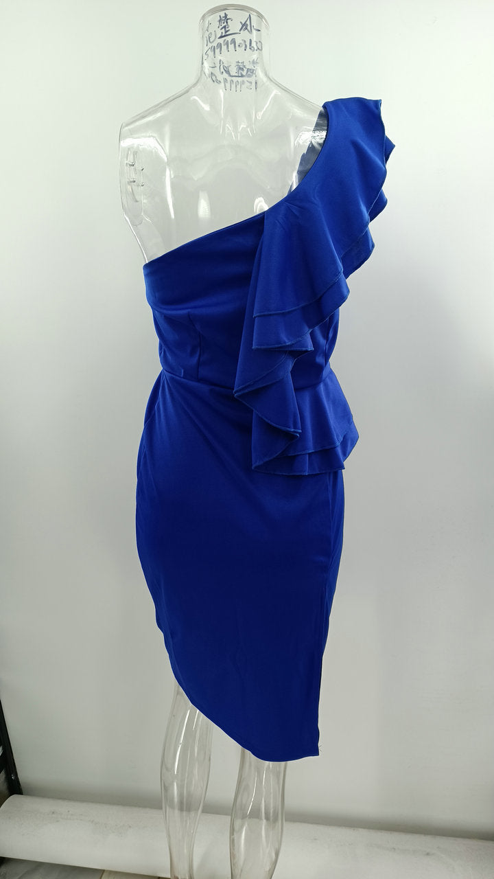 One Shoulder Ruffles Cotton Bodycon Dress