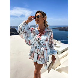 Blue Floral Printed Dolman Sleeves Cotton Jumpsuit