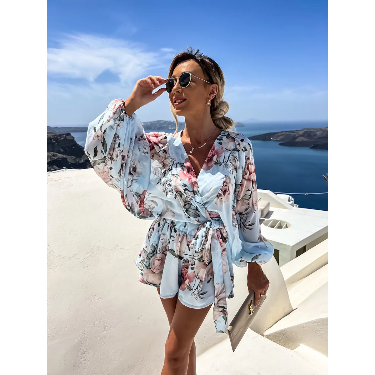 Blue Floral Printed Dolman Sleeves Cotton Jumpsuit