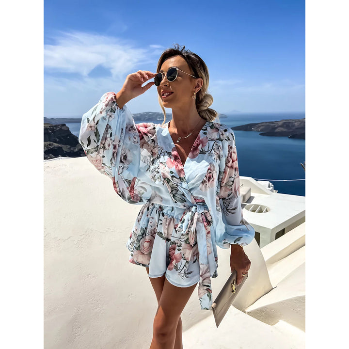 Blue Floral Printed Dolman Sleeves Cotton Jumpsuit