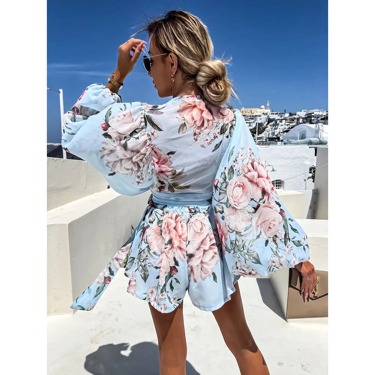Blue Floral Printed Dolman Sleeves Cotton Jumpsuit