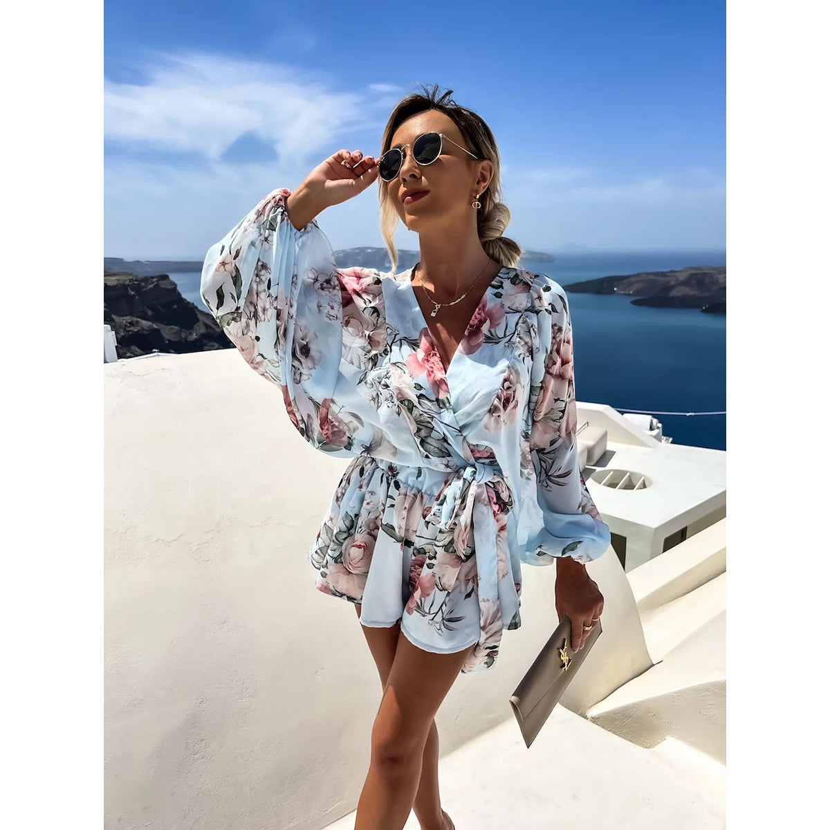 Blue Floral Printed Dolman Sleeves Cotton Jumpsuit