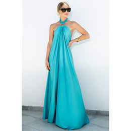 Blue Halter Neck Cotton Maxi Dress