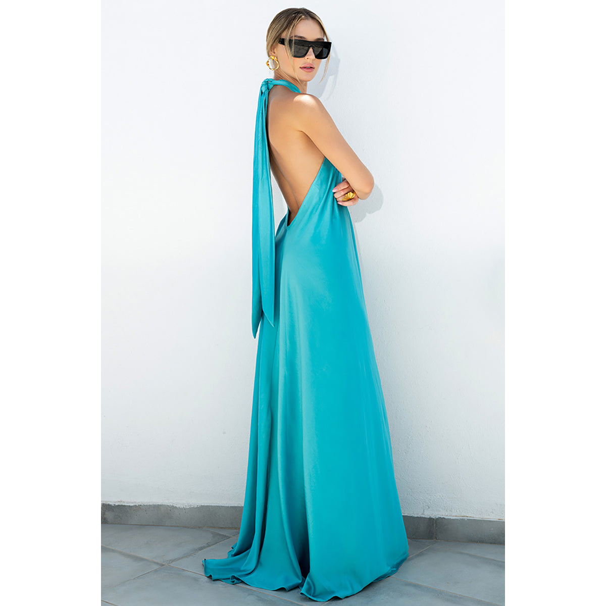 Blue Halter Neck Cotton Maxi Dress