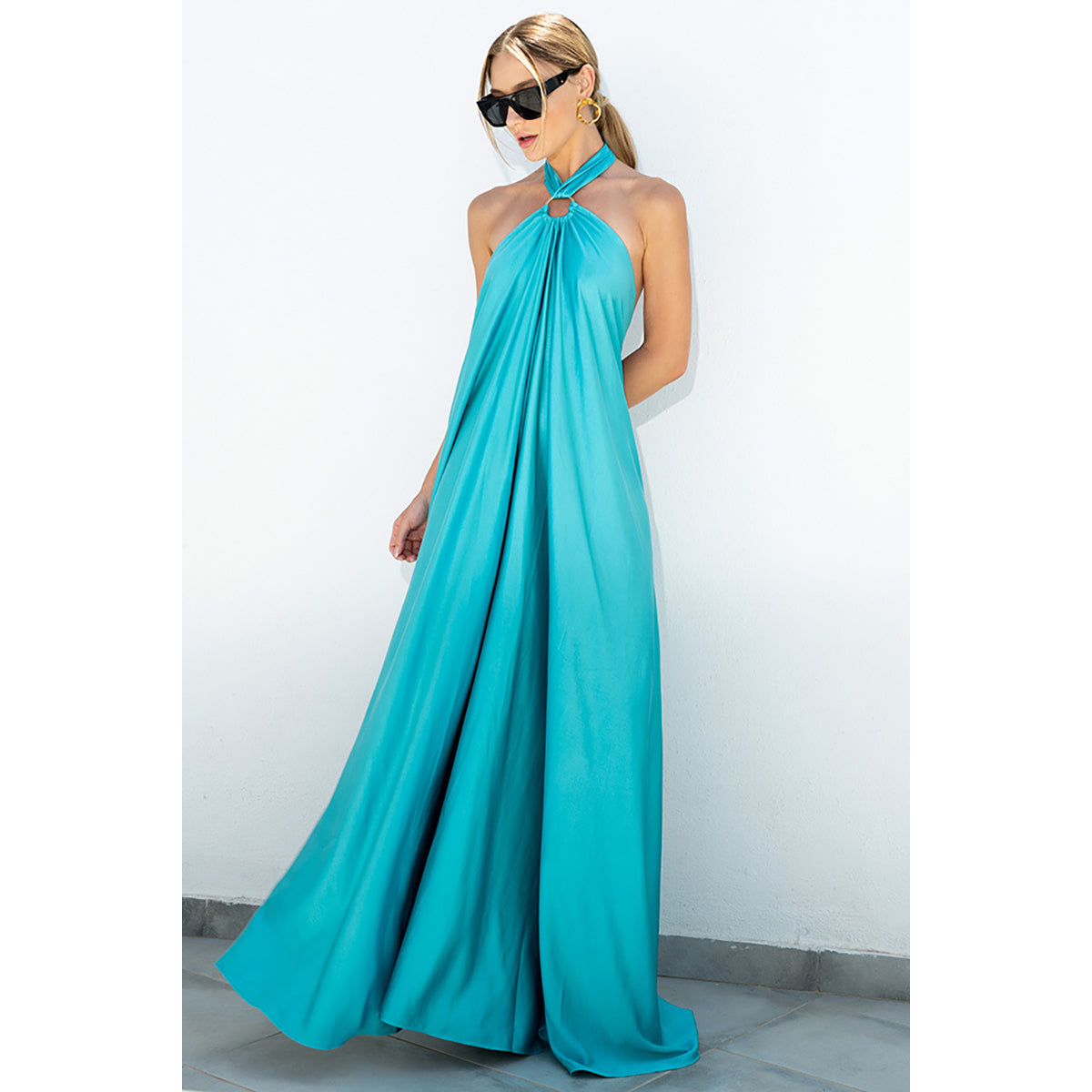 Blue Halter Neck Cotton Maxi Dress