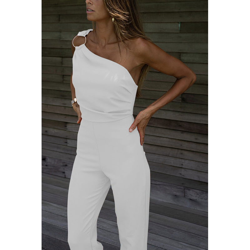 White One Shoulder Basic Jumpsuit