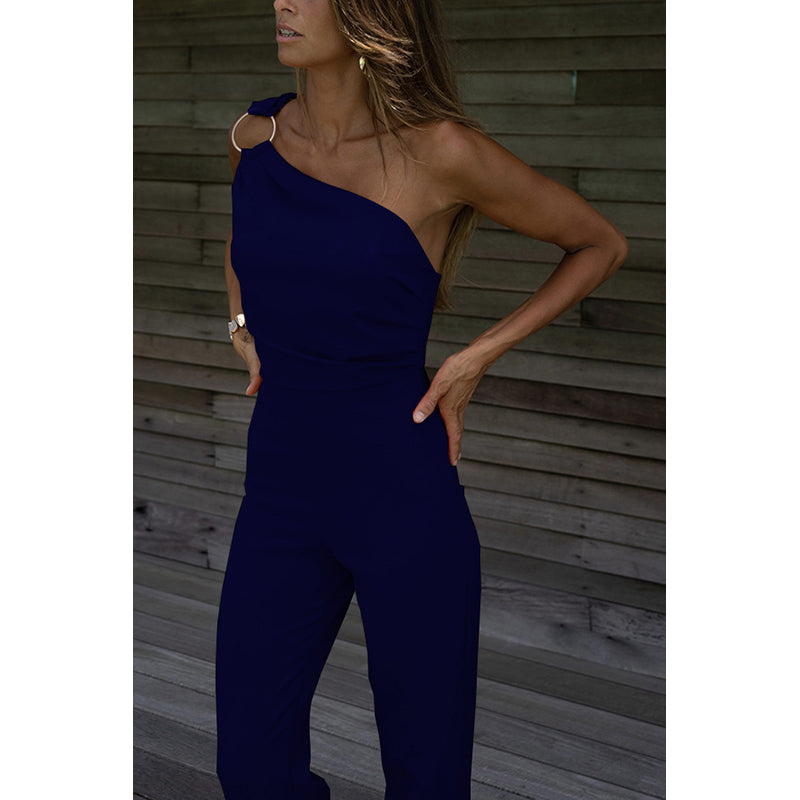 Blue One Shoulder Basic Jumpsuit