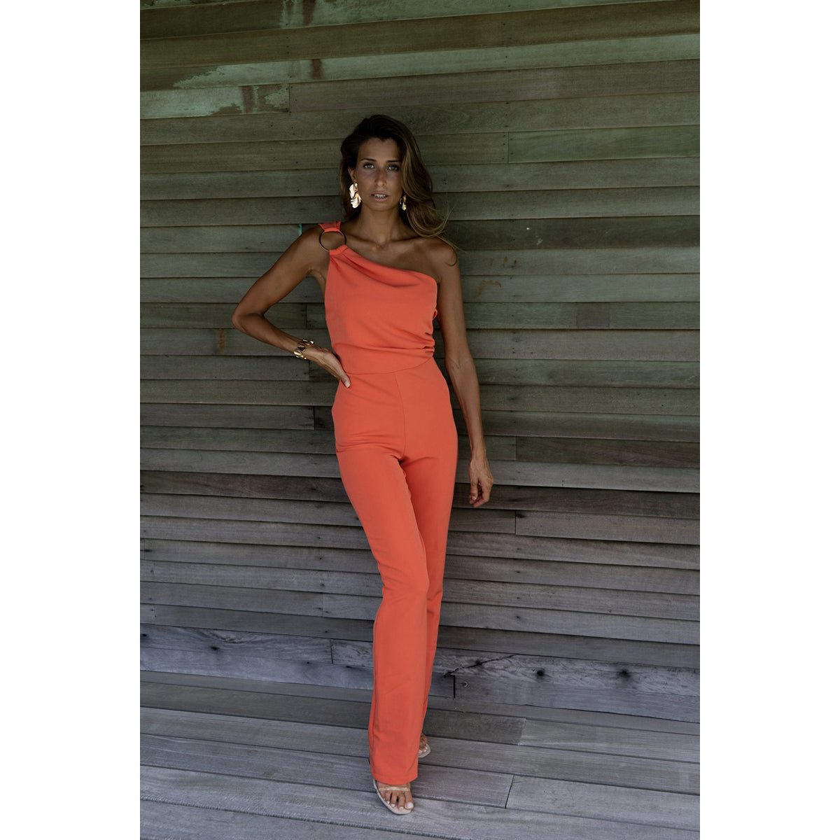 Orange One Shoulder Basic Jumpsuit