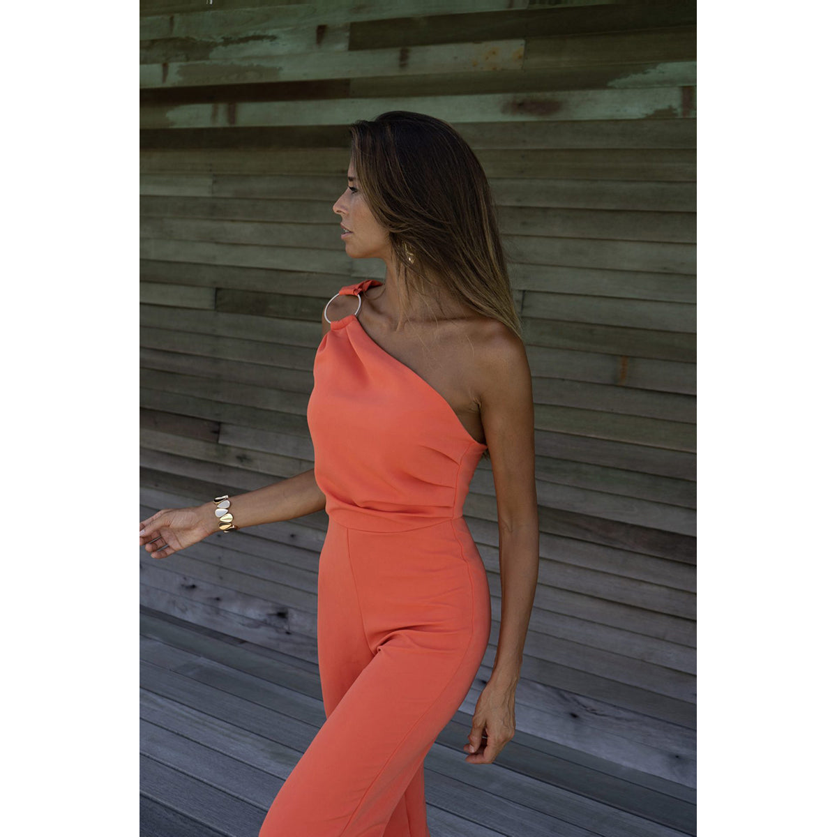Orange One Shoulder Basic Jumpsuit