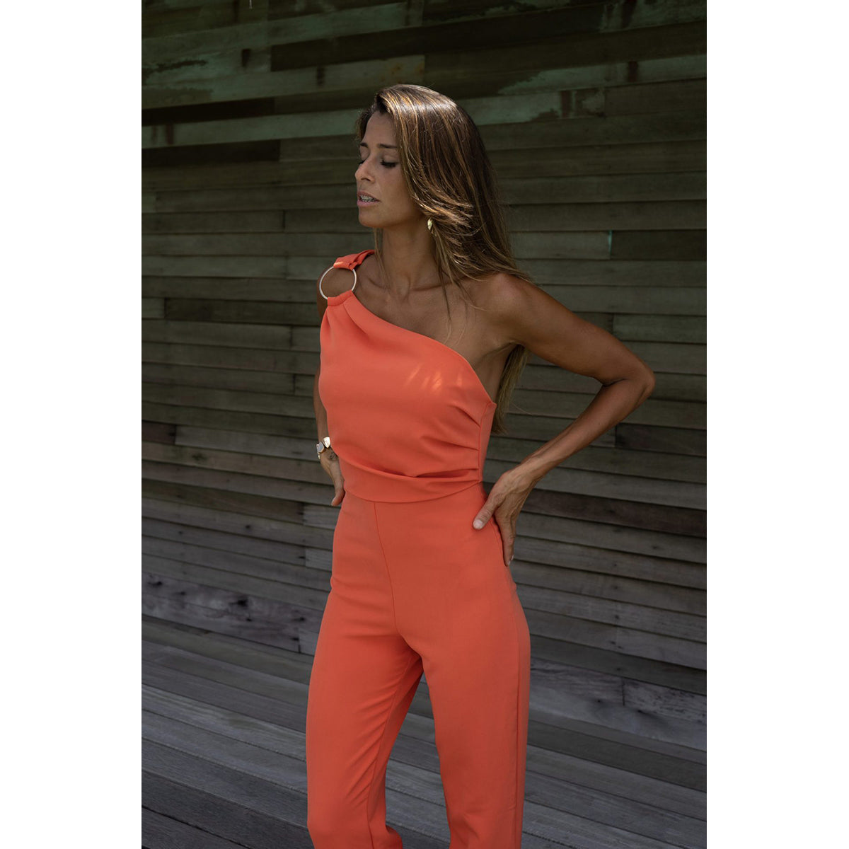 Orange One Shoulder Basic Jumpsuit